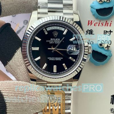 PPM Swiss Copy Gain Weight Rolex Day-Date II President Watch Black Dial with Baguettes 